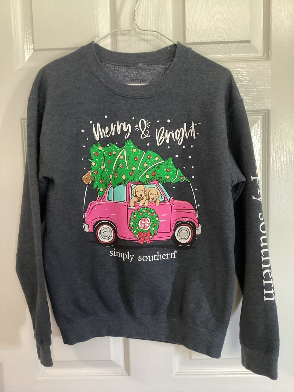 Simply Southern Charcoal Sweatshirt with Pink Truck and Green Tree Graphic